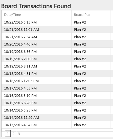 data table showing meal times, paginated