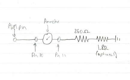 Schematic showing the PWM pin configuration, using the ammeter in series with a 360 ohm resistor