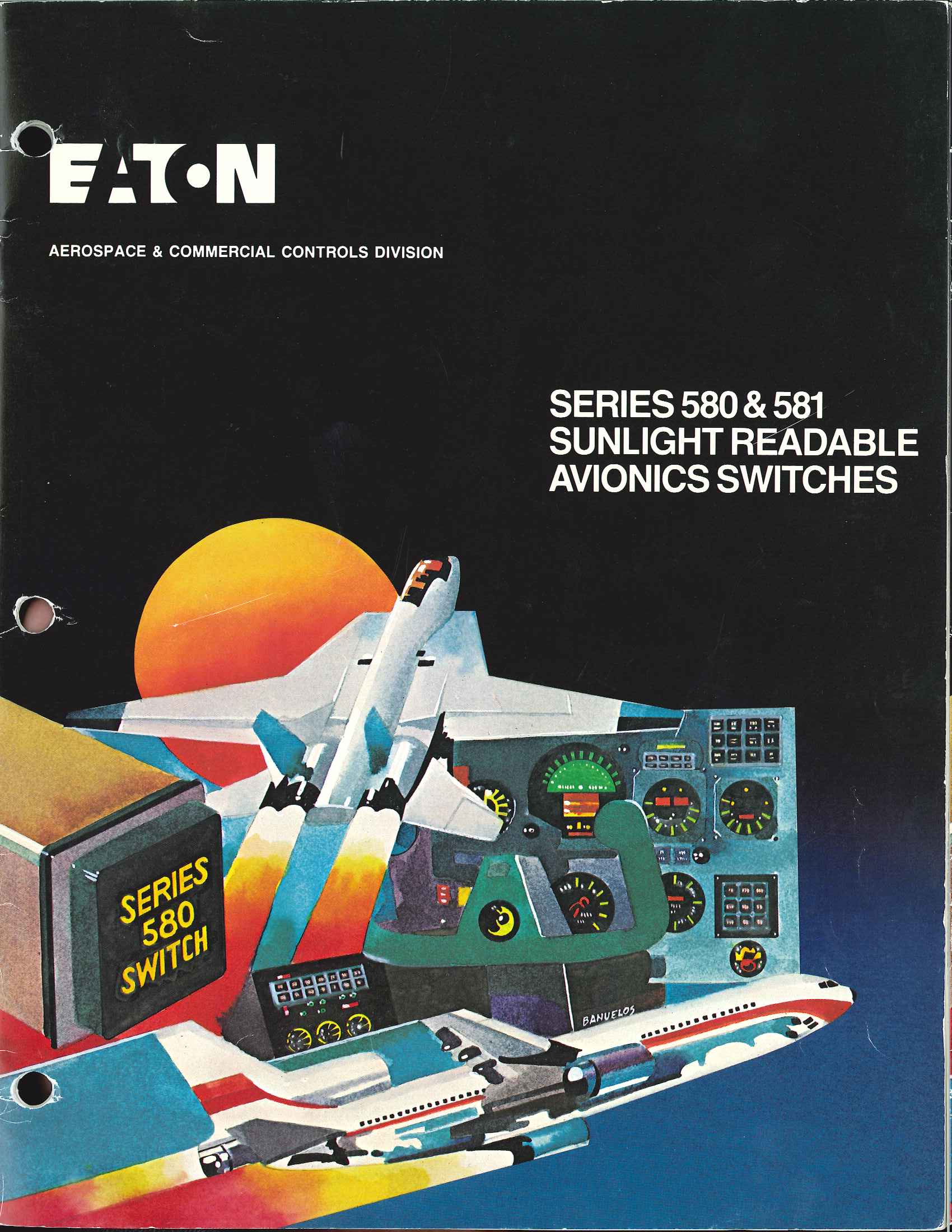A catalog cover for SUNLIGHT READABLE AVIONICS SWITCHES, which has a really cool set of graphics in the bottom left corner, including the sun, big buttons, an aircraft taking off, and the controls you'd see in an airplane cockpit